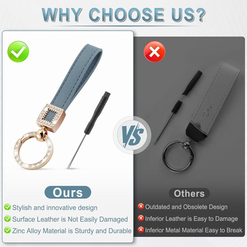 JUSTTOP Leather Keychain, Creative Bling Car Key Chain with Anti-Lost D-Ring and 2 Key Ring, Keychain Wristlet, Car Accessories (Blue) - Image 5
